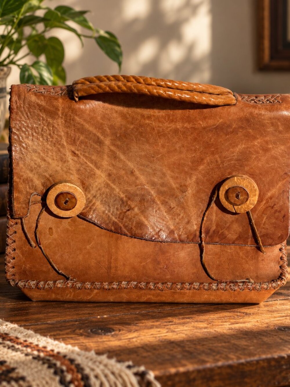 Vintage Handcrafted Genuine Leather Satchel Bag Briefcase - Raw Edge Whipstitch